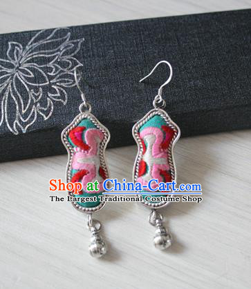 China Traditional Miao Nationality Folk Dance Ear Accessories Handmade Guizhou Ethnic Silver Embroidered Earrings