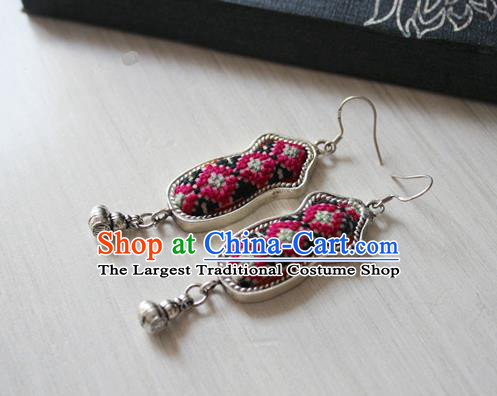 China Traditional Miao Nationality Silver Ear Accessories Handmade Guizhou Ethnic Embroidered Earrings