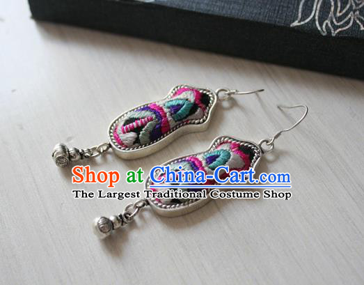 China Handmade Guizhou Miao Ethnic Embroidered Earrings Traditional Hmong Nationality Silver Gourd Ear Accessories