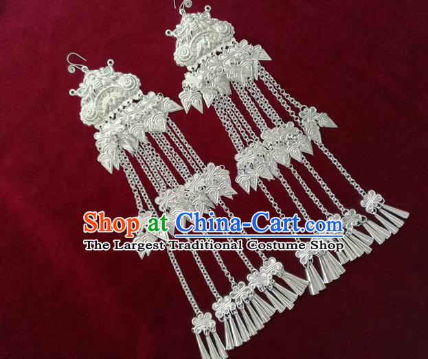 China Handmade Guizhou Miao Ethnic Earrings Traditional Hmong Nationality Silver Tassel Ear Accessories