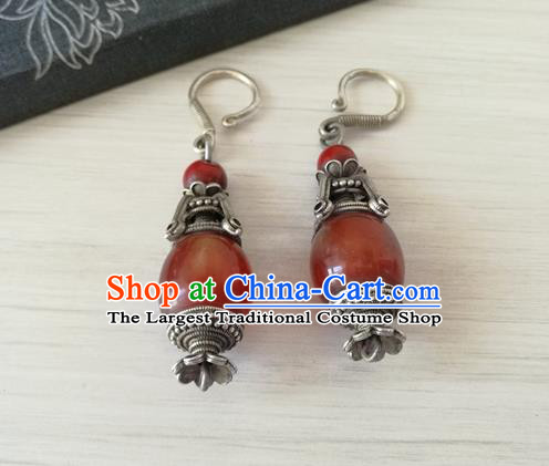 China Traditional Qing Dynasty Imperial Concubine Agate Ear Accessories Handmade Ancient Court Silver Earrings