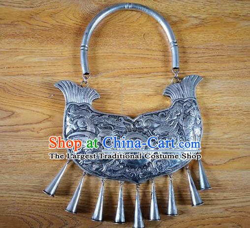 Chinese Miao Ethnic Wedding Jewelry Accessories Handmade Hmong Silver Carving Dragon Phoenix Necklet