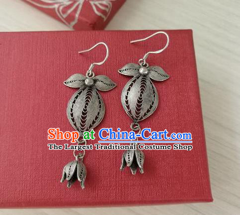 China Handmade National Silver Orchid Earrings Traditional Guizhou Ethnic Folk Dance Ear Accessories