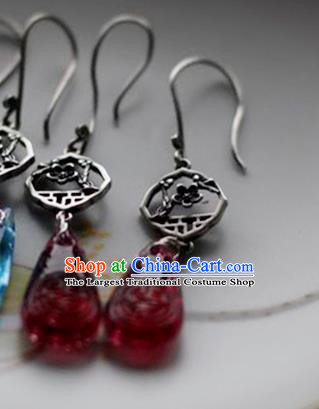 China Handmade National Garnet Earrings Traditional Cheongsam Silver Plum Blossom Ear Accessories