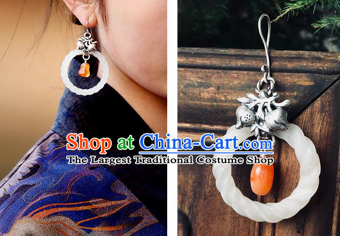 China Handmade National Jade Ring Earrings Traditional Cheongsam Silver Pomegranate Ear Accessories