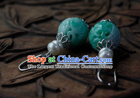 China Handmade National Jadeite Carving Earrings Traditional Cheongsam Pearls Ear Jewelry