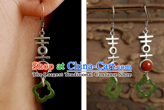 China Handmade National Wedding Silver Earrings Traditional Cheongsam Jade Coral Ear Jewelry