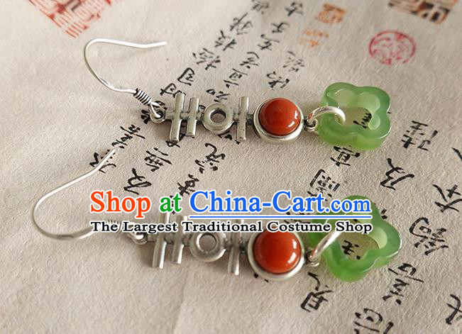 China Handmade National Wedding Silver Earrings Traditional Cheongsam Jade Coral Ear Jewelry