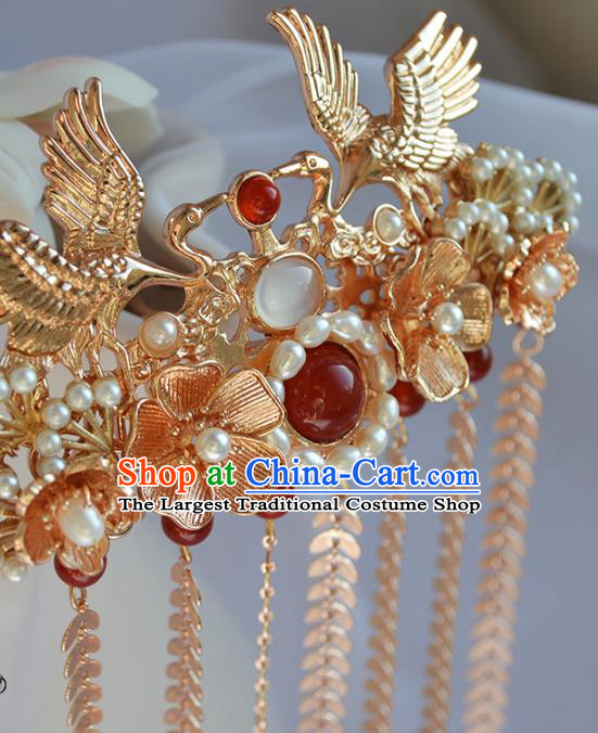 Chinese Traditional Ming Dynasty Wedding Hair Accessories Ancient Bride Golden Crane Tassel Hairpin
