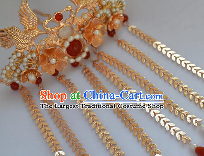 Chinese Traditional Ming Dynasty Wedding Hair Accessories Ancient Bride Golden Crane Tassel Hairpin