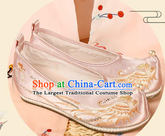 Handmade Chinese Traditional Hanfu Pink Satin Shoes Ming Dynasty Embroidered Phoenix Shoes Ancient Princess Shoes