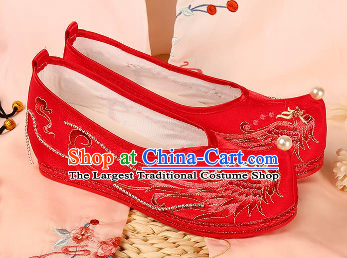 Handmade Chinese Traditional Hanfu Wedding Shoes Ming Dynasty Embroidered Phoenix Shoes Ancient Bride Red Shoes