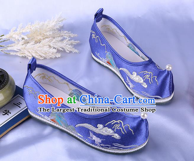 Chinese Ancient Princess Bow Shoes Traditional Hanfu Blue Satin Shoes Ming Dynasty Embroidered Landscape Shoes