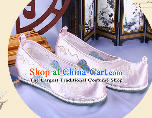 Chinese Ming Dynasty Embroidered Landscape Shoes Ancient Princess Bow Shoes Traditional Hanfu Pink Satin Shoes