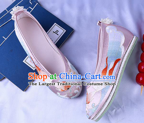 China National Embroidery Goldfish Shoes Traditional Dance Pink Cloth Shoes Classical Bride Shoes