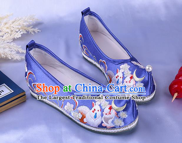 Chinese Ancient Princess Royalblue Satin Shoes Traditional Hanfu Shoes Ming Dynasty Embroidered Bow Shoes