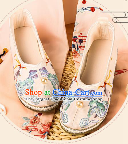 Chinese Traditional Hanfu Footwear Ancient Ming Dynasty Princess Shoes Embroidered Deer White Satin Shoes