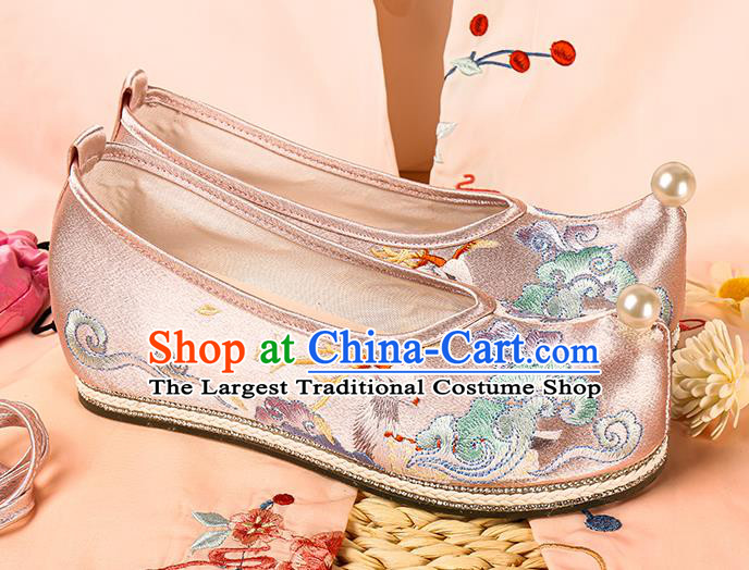Chinese Embroidered Deer Pink Satin Shoes Traditional Footwear Hanfu Shoes Ancient Ming Dynasty Princess Shoes