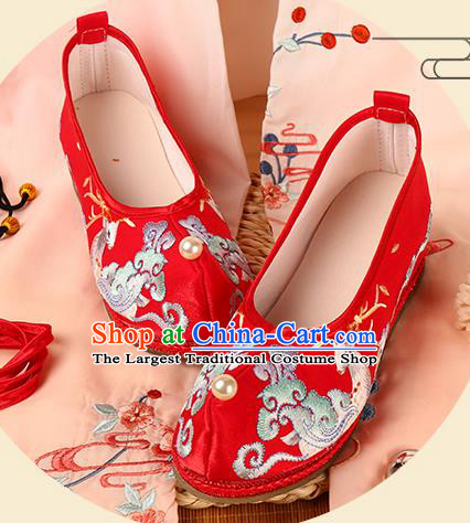 Chinese Hanfu Shoes Ancient Ming Dynasty Princess Shoes Embroidered Deer Red Satin Shoes Traditional Wedding Footwear