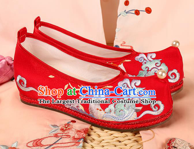 Chinese Hanfu Shoes Ancient Ming Dynasty Princess Shoes Embroidered Deer Red Satin Shoes Traditional Wedding Footwear
