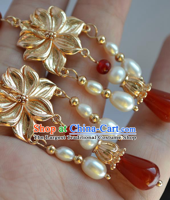China Classical Pearls Tassel Ear Accessories Traditional Ming Dynasty Hanfu Golden Lotus Earrings