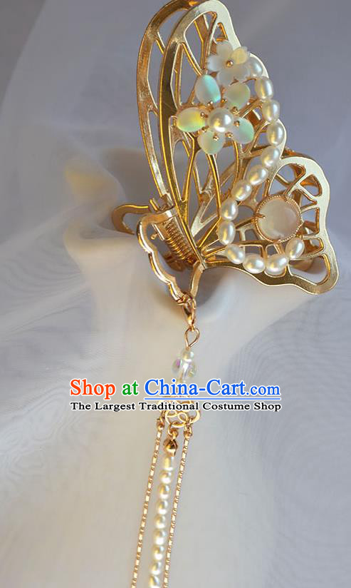 Chinese Traditional Cheongsam Pearls Tassel Hair Stick Ancient Princess Golden Butterfly Hair Stick