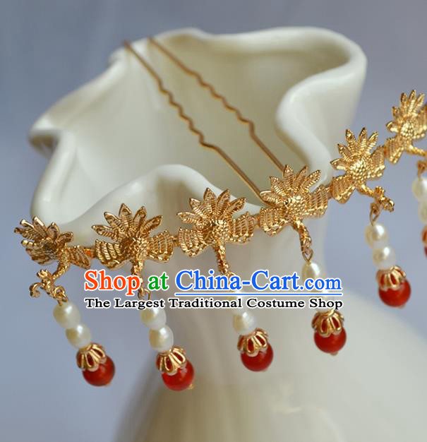 Chinese Traditional Ming Dynasty Queen Pearls Tassel Hair Stick Ancient Empress Seven Phoenix Hairpin