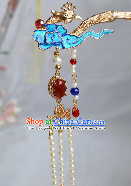Chinese Traditional Hanfu Cloisonne Cloud Hair Stick Ancient Empress Pearls Tassel Hairpin