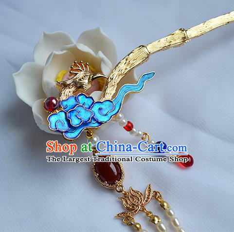 Chinese Traditional Hanfu Cloisonne Cloud Hair Stick Ancient Empress Pearls Tassel Hairpin