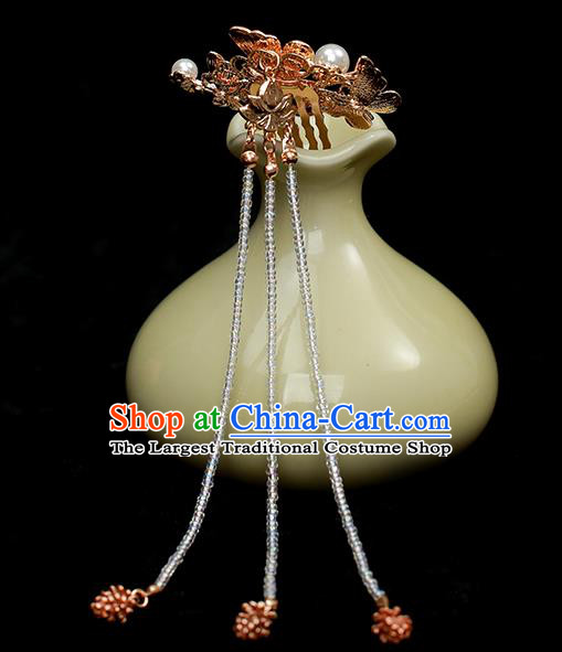Chinese Traditional Golden Butterfly Hair Comb Ancient Princess Beads Tassel Hairpin