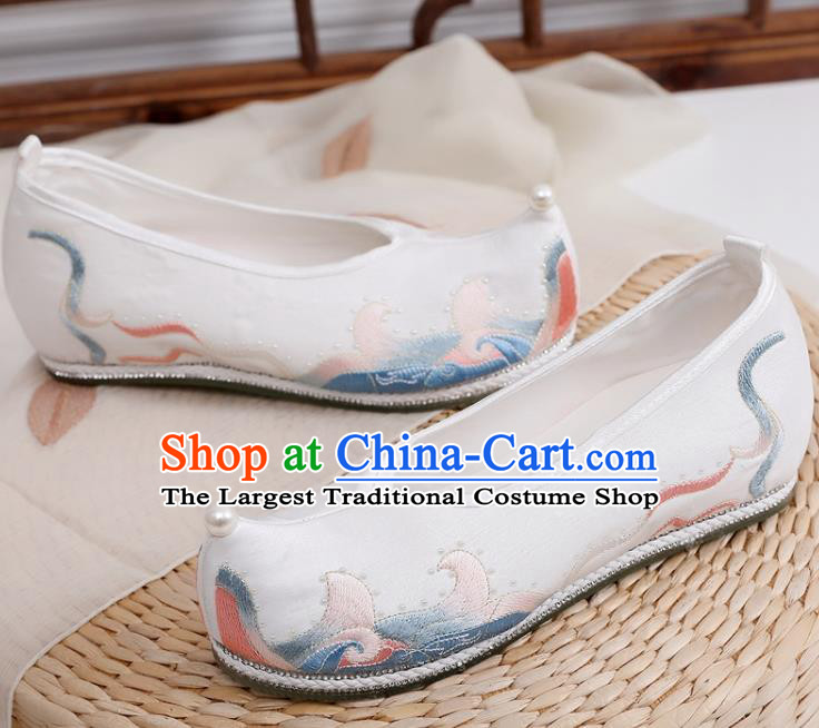 China Embroidered White Satin Shoes Traditional Hanfu Shoes Ancient Ming Dynasty Princess Shoes