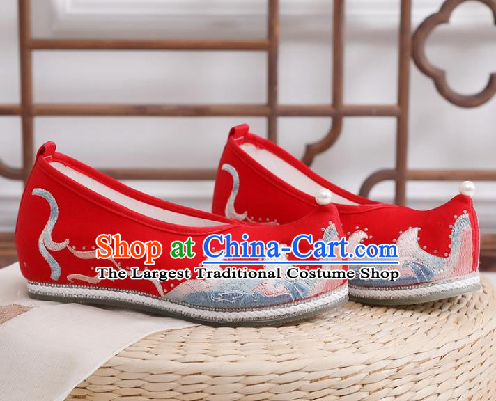 China Traditional Hanfu Shoes Ancient Ming Dynasty Princess Wedding Shoes Embroidered Red Satin Shoes
