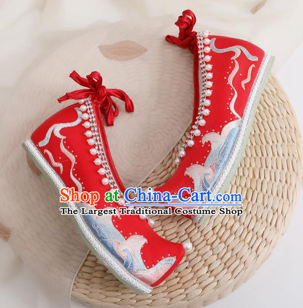 China Embroidered Red Cloth Shoes Ancient Wedding Shoes Traditional Hanfu Shoes Ming Dynasty Pearls Shoes
