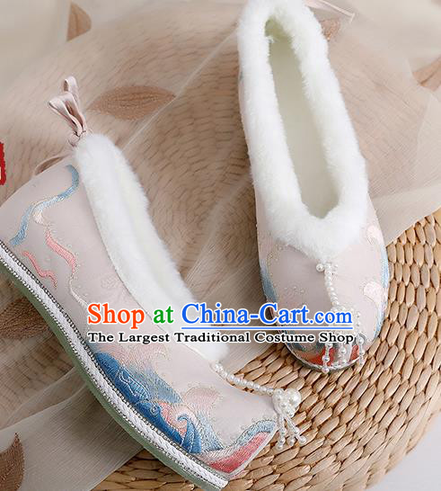 China Ancient Shoes Traditional Hanfu Winter Shoes Ming Dynasty Pearls Tassel Shoes Embroidered Pink Cloth Shoes