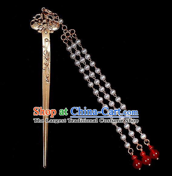 Chinese Traditional Ming Dynasty Court Lady Tassel Hair Stick Ancient Empress Golden Hairpin