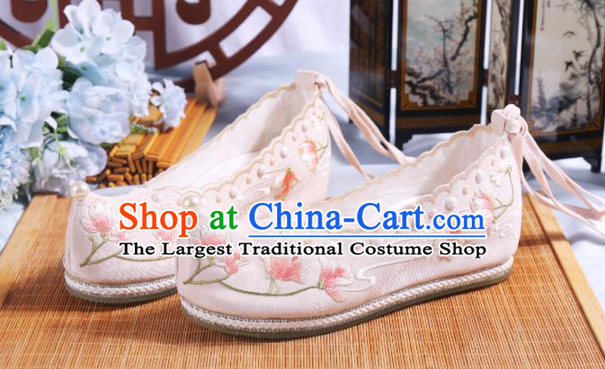 China Ancient Beige Cloth Shoes Traditional Hanfu Pearls Shoes Ming Dynasty Princess Bow Shoes Embroidered Mangnolia Shoes