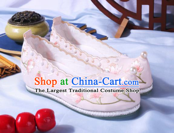 China Ancient Beige Cloth Shoes Traditional Hanfu Pearls Shoes Ming Dynasty Princess Bow Shoes Embroidered Mangnolia Shoes