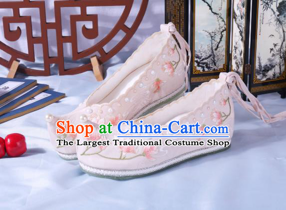 China Ancient Beige Cloth Shoes Traditional Hanfu Pearls Shoes Ming Dynasty Princess Bow Shoes Embroidered Mangnolia Shoes