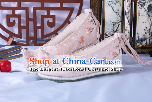 China Ancient Beige Cloth Shoes Traditional Hanfu Pearls Shoes Ming Dynasty Princess Bow Shoes Embroidered Mangnolia Shoes