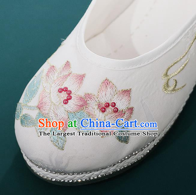 Chinese Embroidery Flowers Shoes Traditional Hanfu Shoes National Woman White Cloth Shoes
