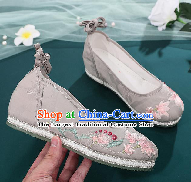 Chinese Embroidery Mangnolia Shoes Traditional Hanfu Grey Cloth Shoes Classical Dance Shoes