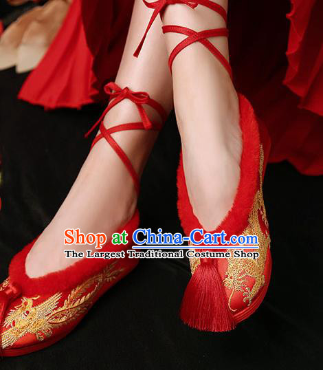 Chinese Winter Bride Shoes Classical Wedding Red Shoes Traditional Xiuhe Embroidered Phoenix Shoes