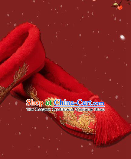 Chinese Winter Bride Shoes Classical Wedding Red Shoes Traditional Xiuhe Embroidered Phoenix Shoes