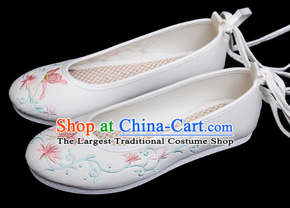 Chinese Classical Dance Shoes Traditional Embroidered Butterfly Shoes Handmade White Cloth Shoes
