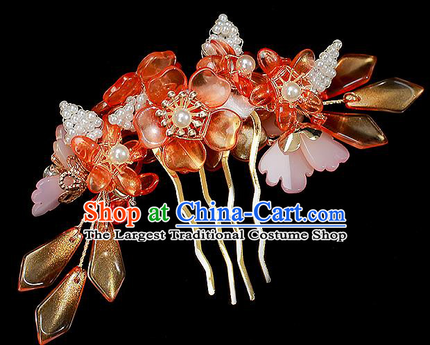Chinese Ancient Princess Red Flowers Hairpin Traditional Ming Dynasty Hanfu Hair Comb