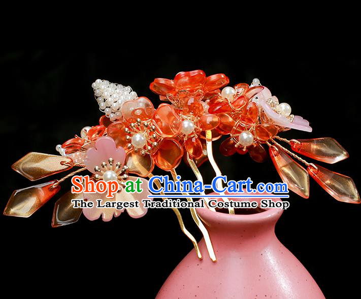Chinese Ancient Princess Red Flowers Hairpin Traditional Ming Dynasty Hanfu Hair Comb
