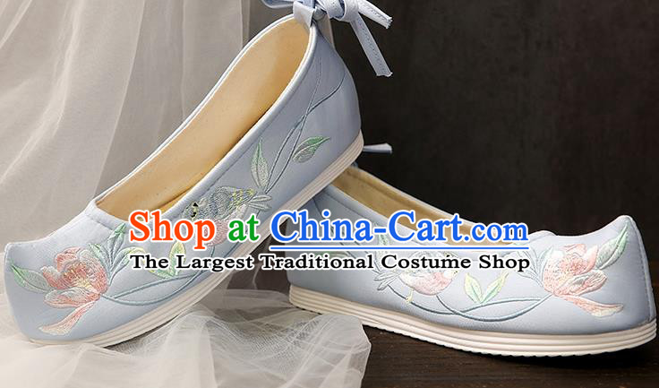 China Ancient Hanfu Shoes Embroidery Flower Bird Blue Cloth Shoes Traditional Ming Dynasty Princess Shoes
