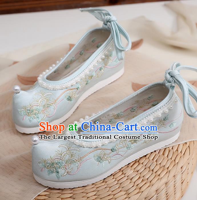 China Embroidery Pearls Shoes Traditional Song Dynasty Princess Blue Cloth Shoes Ancient Hanfu Shoes