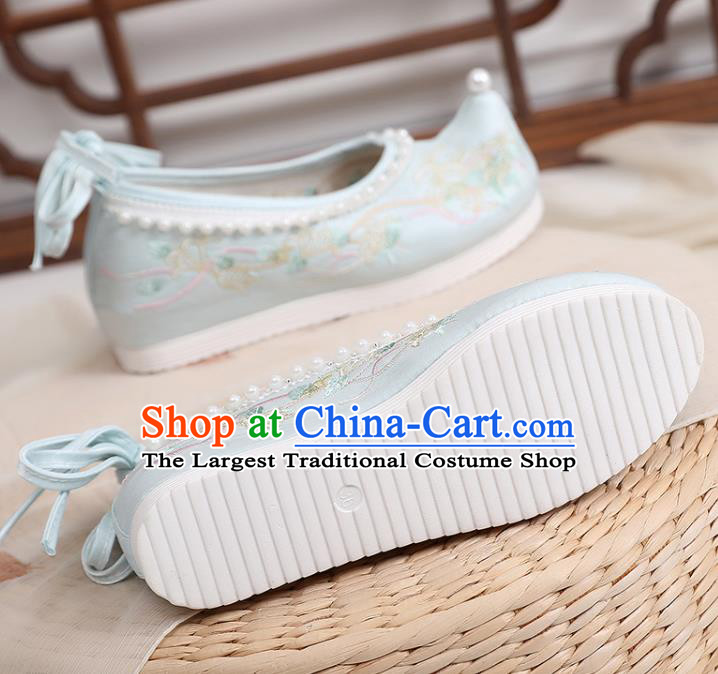China Embroidery Pearls Shoes Traditional Song Dynasty Princess Blue Cloth Shoes Ancient Hanfu Shoes