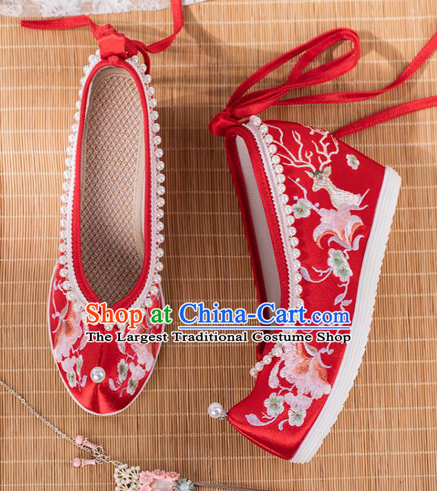 Chinese Classical Wedding Wedge Heel Shoes National Embroidered Red Satin Shoes Traditional Pearls Hanfu Shoes